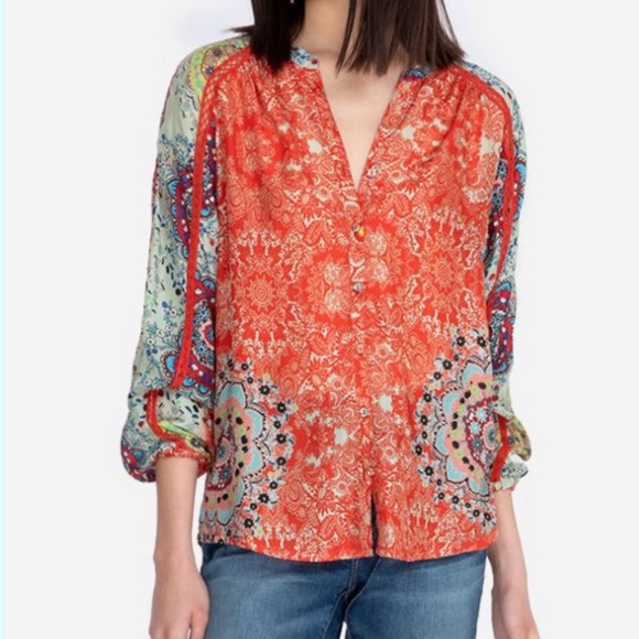 Johnny Was Ellen Button Up Floral Boho Silk Top Blouse Floral Women's Size XXS